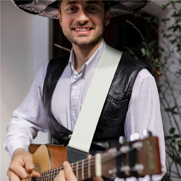 Milk White Cotton Guitar Strap Wide Adjustable Leather Ends Bass Electric - Picture 2 of 7